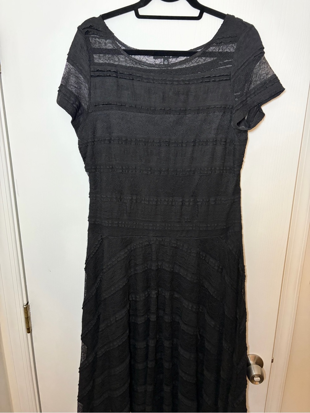 Signature by Sangria Black Short Sleeve Maxi Dress with Textured Stripes